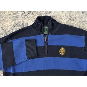 VTG Ralph Lauren Knit Sweater Blue Black 1/4 Zip High Neck LRL Crest Logo Size L
